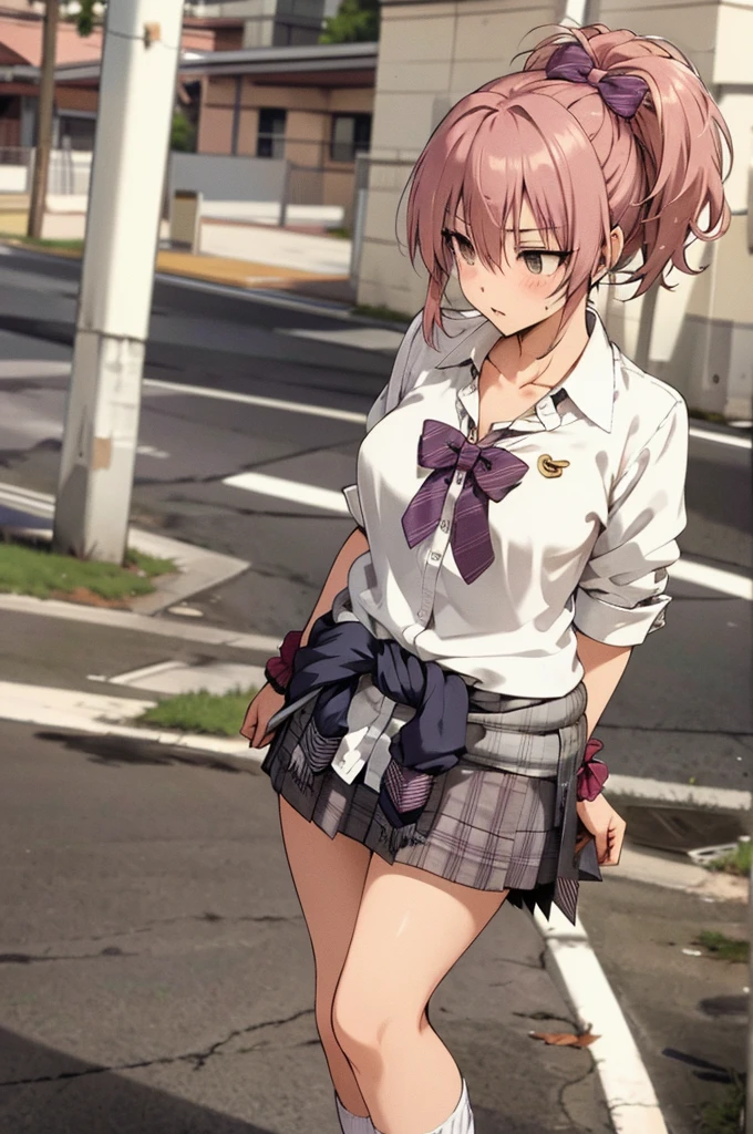 masterpiece, best quality, highres, aamika, ponytail, hair bow, collarbone, , striped, bowtie, collared shirt, white shirt, sleeves rolled up, wrist scrunchie,, clothes around waist, plaid skirt, purple skirt, , outdoors,loose socks