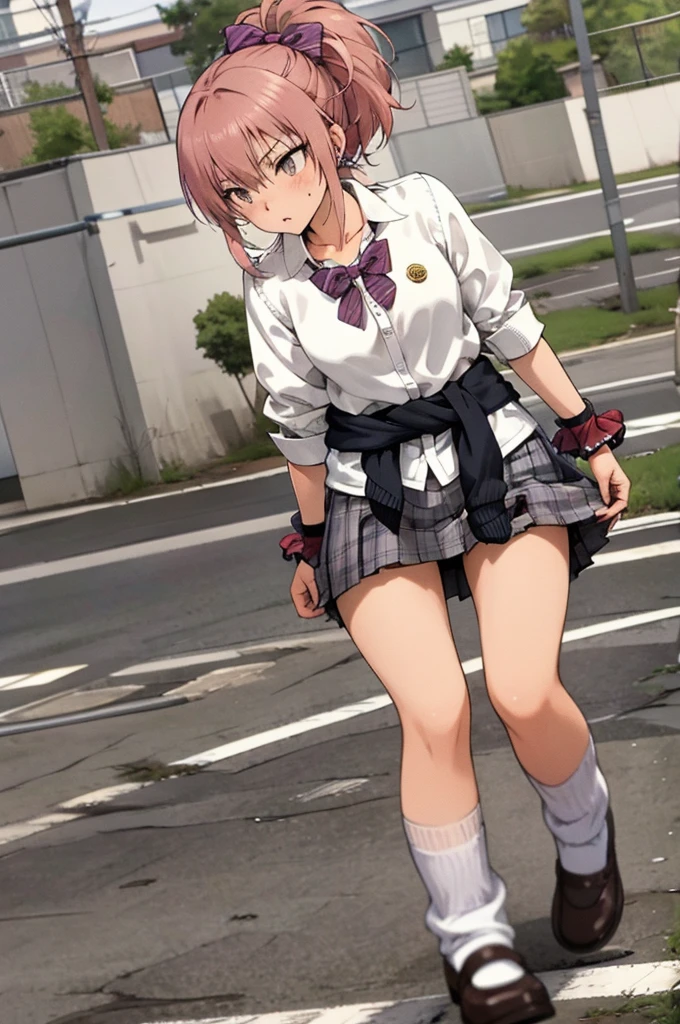 masterpiece, best quality, highres, aamika, ponytail, hair bow, collarbone, , striped, bowtie, collared shirt, white shirt, sleeves rolled up, wrist scrunchie,, clothes around waist, plaid skirt, purple skirt, , outdoors,loose socks