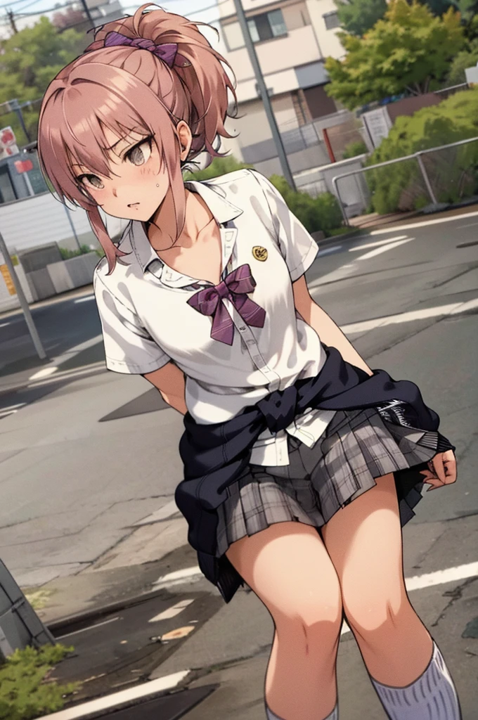 masterpiece, best quality, highres, aamika, ponytail, hair bow, collarbone, , striped, bowtie, collared shirt, white shirt, sleeves rolled up, wrist scrunchie,, clothes around waist, plaid skirt, purple skirt, , outdoors,loose socks