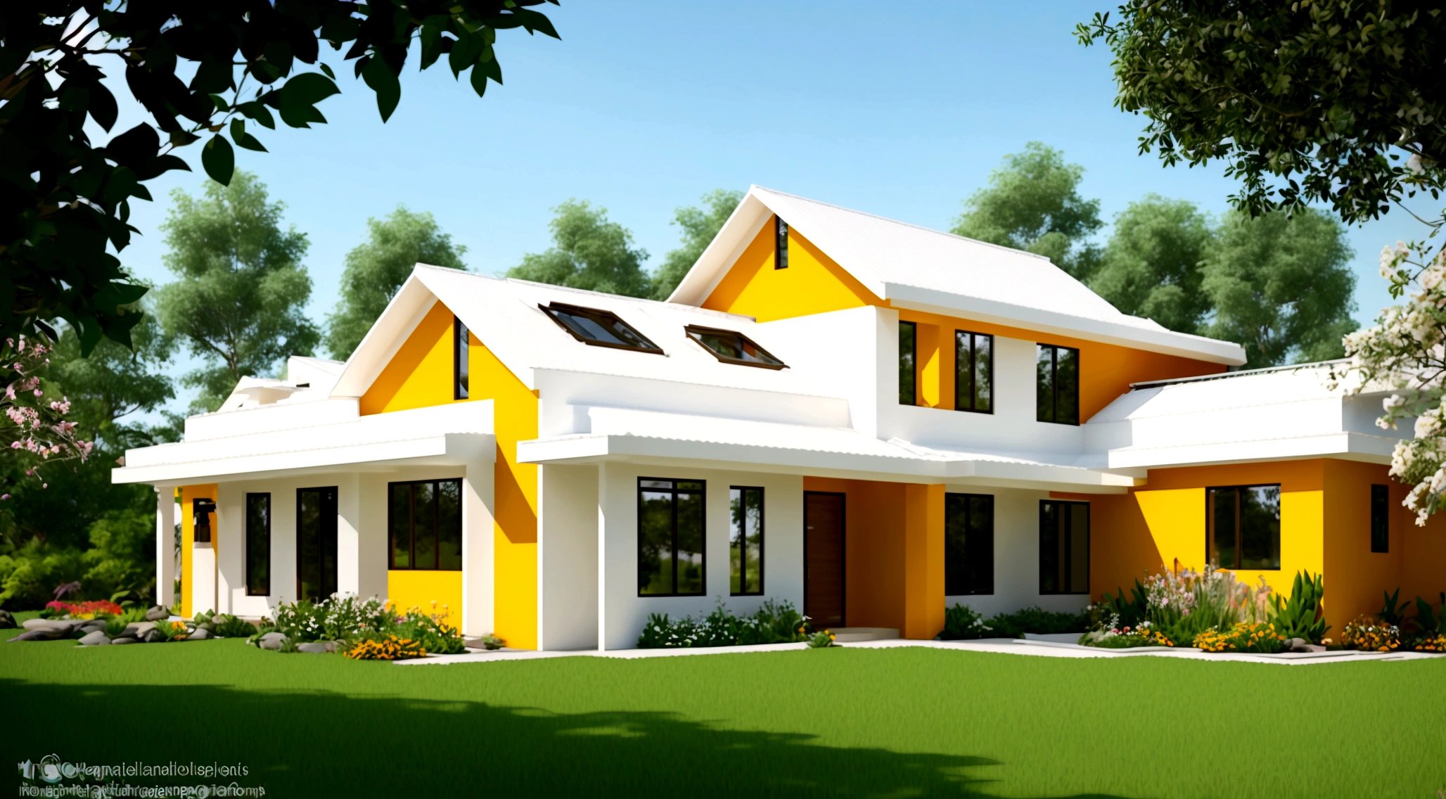 Exterior landscape of modern one-story roadside house, orange tile roof, white and cream yellow walls, glass windows and doors, glass railings, simple but elegant interior, surrounded by flowers and greenery, Blending with nature, fresh air, natural light, surreal, high-end. -end. -quality images. Realistic images, 8K