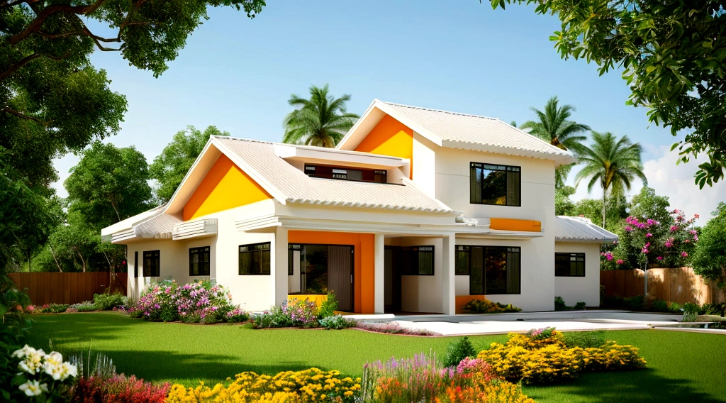 Exterior landscape of modern one-story roadside house, orange tile roof, white and cream yellow walls, glass windows and doors, glass railings, simple but elegant interior, surrounded by flowers and greenery, Blending with nature, fresh air, natural light, surreal, high-end. -end. -quality images. Realistic images, 8K
