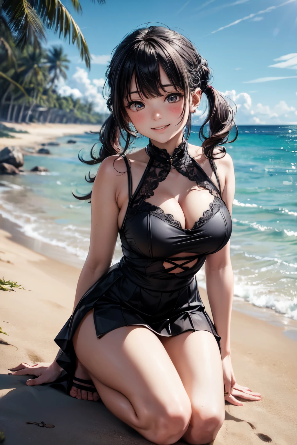 very cute and beautiful girl,(highly detailed beautiful face),(smile:1.2),blush,black hair,low twintails,looking at viewer,kneeling, light blue transparent dress,short skirt,exposing thighs,sandy beach, (best quality,masterpiece),absurdres,highres,ultra-detailed,extremely detailed,32k,8k resolution, intricate details,cinematic scene,detailed background,solo,dynamic angle,perfect hands,