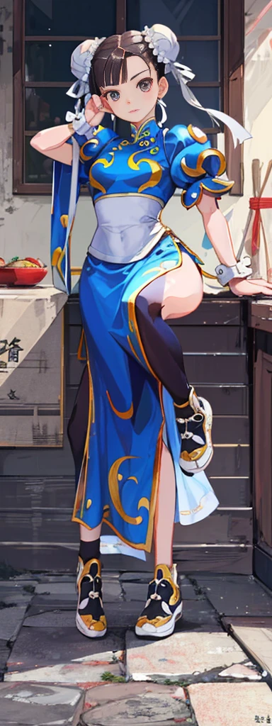 chun-li,((masterpiece)), ((best quality)), ((ultra detailed)), ((kawaii)), cute, (lovely), ((extremely detailed)), ((8K)), (beautiful),flat breast, tiny breast,full body