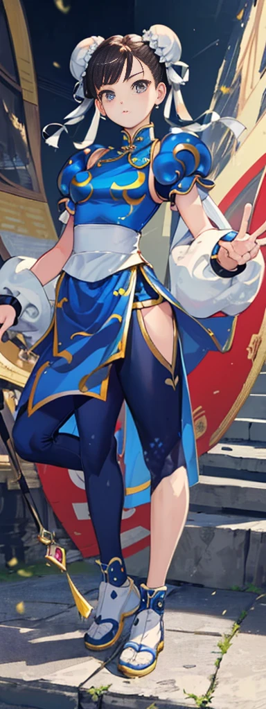 chun-li,((masterpiece)), ((best quality)), ((ultra detailed)), ((kawaii)), cute, (lovely), ((extremely detailed)), ((8K)), (beautiful),flat breast, tiny breast,full body