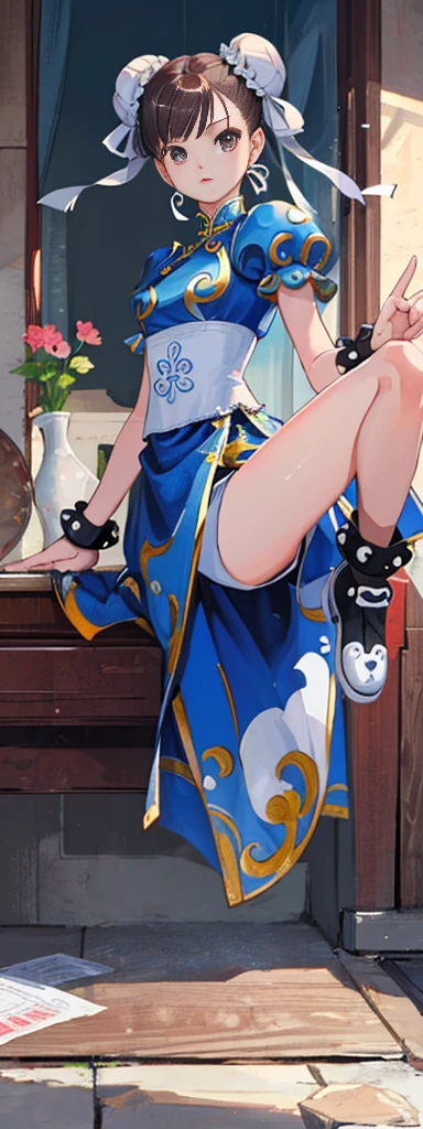 chun-li,((masterpiece)), ((best quality)), ((ultra detailed)), ((kawaii)), cute, (lovely), ((extremely detailed)), ((8K)), (beautiful),flat , tiny breastbody