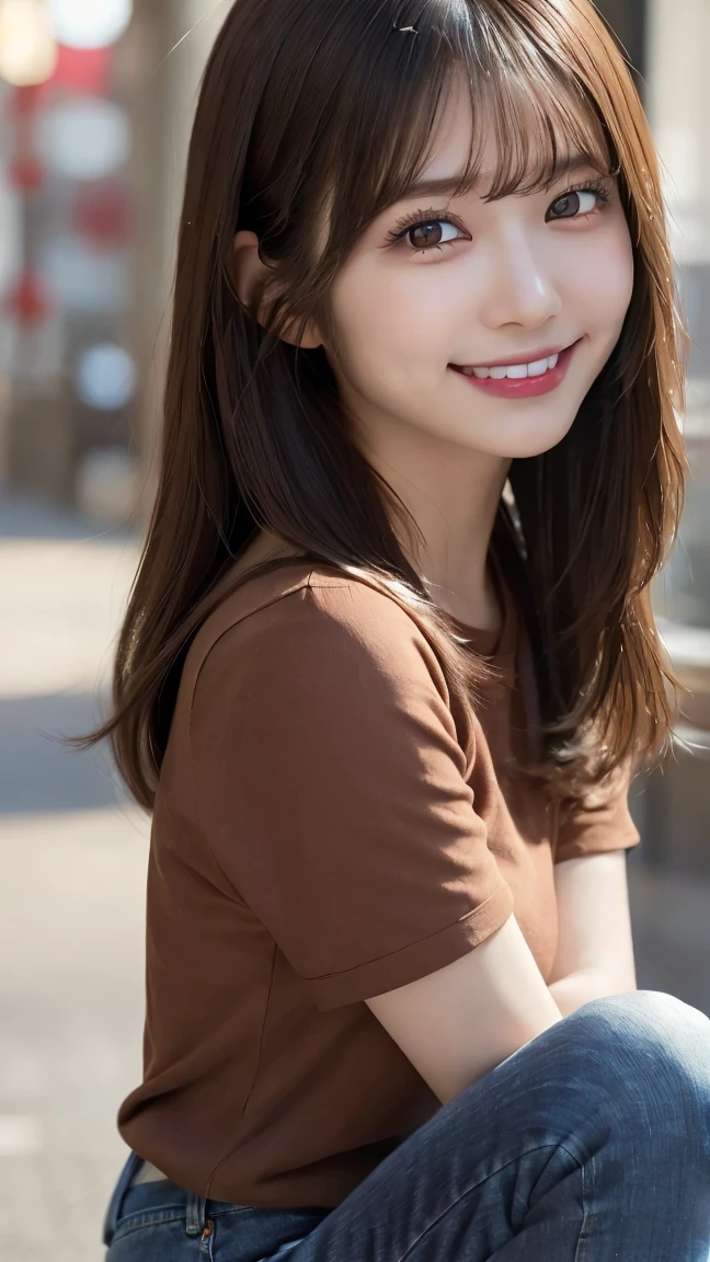 (Ultra-realistic), (An illustration), (high resolution), (8K), (very detailled), (最高のAn illustration),(CRU photo, best qualityer), (真实感, photorrealistic:1.4), Masterpiece artwork, Very delicate and beautiful, extremely detaild, 2k wallpaper, incredible, fine-details, very detailledなCGユニティ8kの壁紙, super verbose, high resolution, beautiful detailed girl, very detailledな目と顔, Beautiful detailed nose, beautiful detailed eyes,cinematic lighting,Perfect Anatomia,Perfect promotion,(a shy smile, beautiful  face),  ((perfect legs, perfect legs, perfect hands, perfect hands指, perfect arms,  a shy smile, The mouth is perfect)), looking directly at the camera, Ear fringes and fringes、necklase、 (((beautiful japanese girl))) ((((((Uma beautiful japanese girl de 27 anos))))))、(((Huge G breasts))),  (((attractive big breasts!!!!!!!))), (((huge boobies))),  (((Full body writing))),  (((pose sitting in a square))), ((photo only)),  ((Bblack hair)), (((slenderbody))),  ((((beautiful smiling)))), ((((wearing jeans and a brown t-shirt.))), ((((wearing jeans and a brown t-shirt)))).