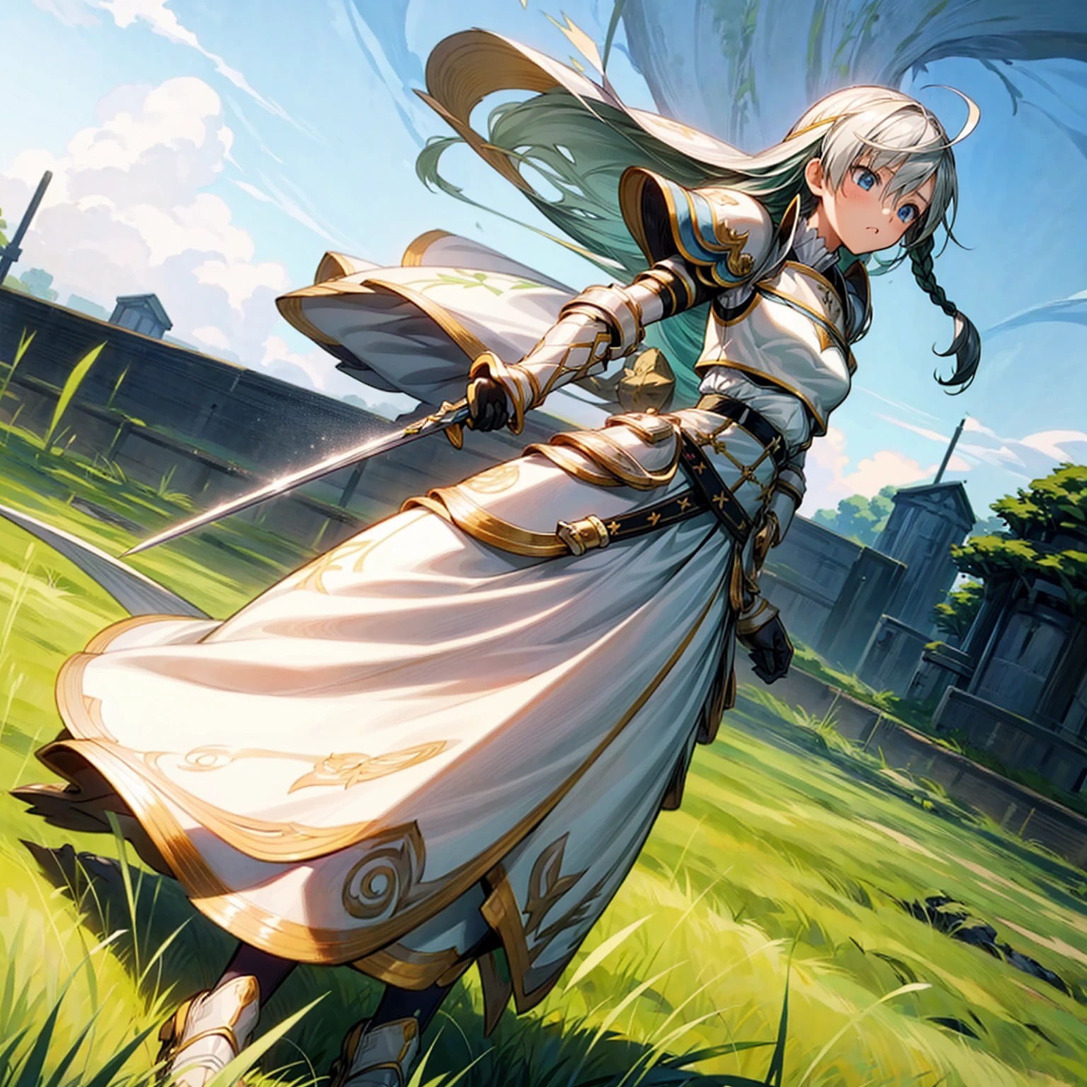 1girl, Full body version, 1character,  version, blue eyes color, long haircut, white and yellow colour hair, formal style clothing, medieval armour, one sword in hand, Grassroots, background in green field, motion blur, (Hunter x Hunter style)