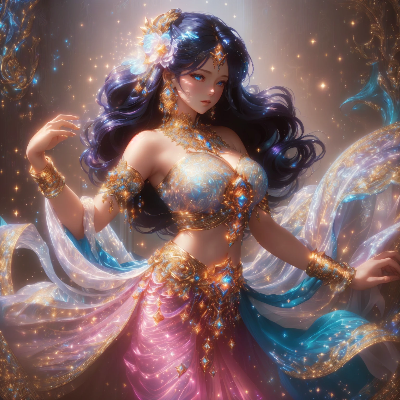 Close-up of a woman in a blue dress with lights shining behind her., extremely detailed Argerm, anime goddess, beautiful heavenly mage, High quality 8K detailed artwork., Argerm. anime illustration, Beautiful Fantasy Empress, beautiful devil girl, Fantasy anime artwork, beautiful goddess, Argerm style, Detailed digital anime art