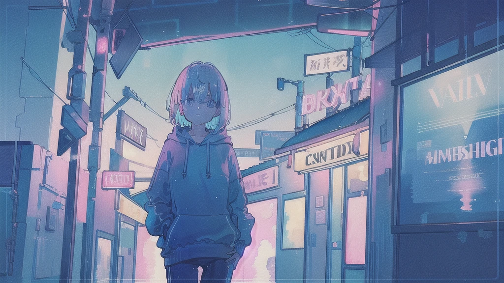 (watercolor), (low contrast), (face, 1 girl, hoodie, look at viewer, cowboy shot),Fashionable clothes,Neon Town,colorful city,short hair,Beautiful silver hair,