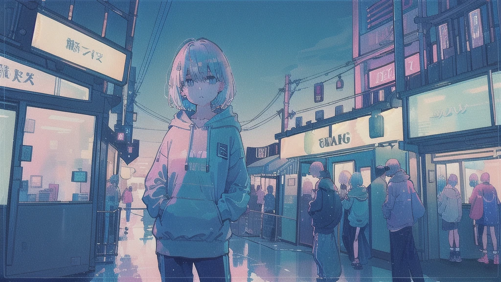 (watercolor), (low contrast), (face, 1 girl, hoodie, look at viewer, cowboy shot),Fashionable clothes,Neon Town,colorful city,short hair,Beautiful silver hair,