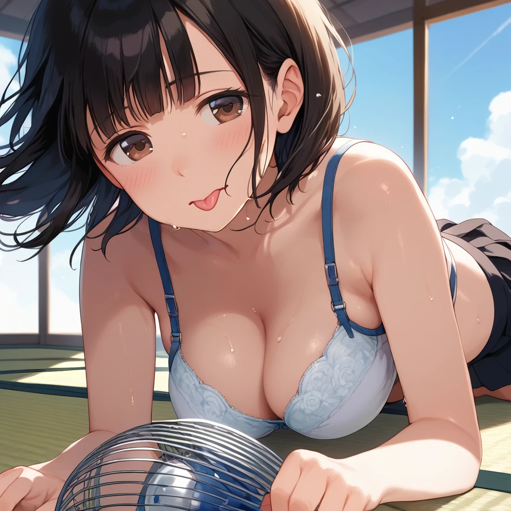 score_9,score_8_up,score_7_up,masterpiece,best quality, source anime, realistic, super detailed, extreme detailed, rating_safe,
1girl, all fours, from front, (against electric fan:1.2), (wind:1.2), (floating hair:1.3),
BREAK girl, 22yo, short hair, bob cut, (blunt bangs), black hair, (tareme, detailed cute brown eyes), curled eyelashes, (large breasts:0.9),
shiny hair, beautiful detailed eyes, beautiful face,
white collared shirt, black tight mini skirt, cleavage, bra peek, (sweat),
blush, half-closed eyes, frown, open mouth, wavy mouth, (tongue out:1.4),
indoors, summer, Japanese room, tatami,
