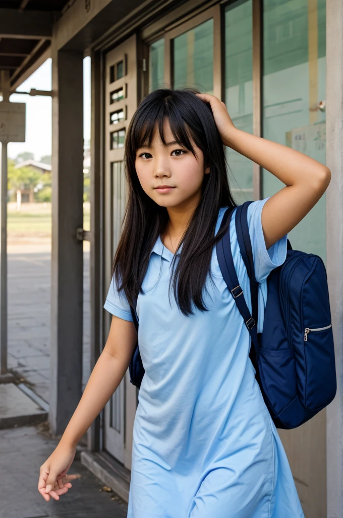 an Asian age girl going to school at morning