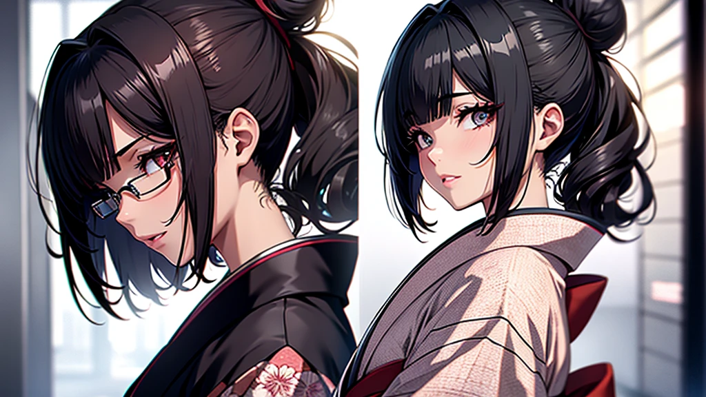 (1girl:1.3), Masterpiece, Best quality, amazing beauty, [[3D]], 4K, absurdres, finely detail, super detailed eye, perfect anatomy, official art, cinematic lighting, BREAK, Japanese-style room, hair bun, black hair, super shiny detailed black eye, big eyes, sparkle(in the eyes), thin eyebrow, Gazing into the Distance, close-mouth, plump lips, Mascara, False eyelashes, pink lips, eyewear, happy face, BREAK , usually, tall, slender, fair skin, crossed arms, full body, from side, BREAK , , BREAK,(kimono:1.3)
