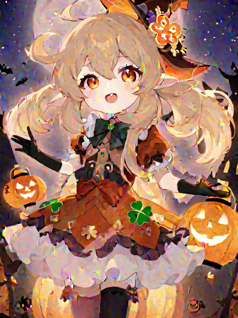 1 girl, witch_hexist, hexist, Smile, Gloves, Solitary, Klee_\(Genshin Impact_Influence\), long_hair, Watching_exist_Viewer, Black_Gloves, Bangs, hexist_bow, short_sleeve, alternexiste_Costumes, bow, :morality, Shamrock_Print, orange_Eye, Light_Brown_hair, Ahog, simoralityelocks, Ruffles, Double tail, low_Double tail, fluffy_sleeve, Open_Mouth, hair_between_Eye, symbol-shapemorality_student, halloween, lantern, fluffy_short_sleeve, teeth, Pointy_ear, Ribbon, hair_Decorations, remorality_bow, bowtie, Sky, hexist_Decorations, night, halloween_Costumes, witch, moralityress