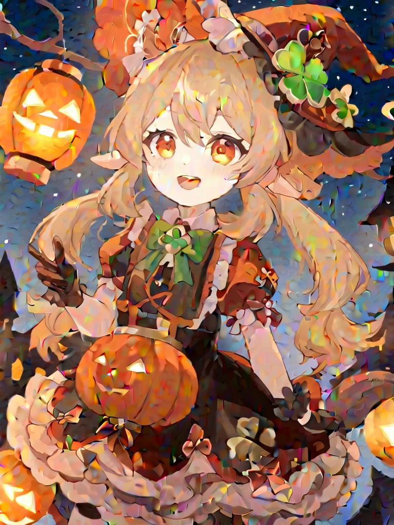 1 girl, witch_hexist, hexist, Smile, Gloves, Solitary, Klee_\(Genshin Impact_Influence\), long_hair, Watching_exist_Viewer, Black_Gloves, Bangs, hexist_bow, short_sleeve, alternexiste_Costumes, bow, :morality, Shamrock_Print, orange_Eye, Light_Brown_hair, Ahog, simoralityelocks, Ruffles, Double tail, low_Double tail, fluffy_sleeve, Open_Mouth, hair_between_Eye, symbol-shapemorality_student, halloween, lantern, fluffy_short_sleeve, teeth, Pointy_ear, Ribbon, hair_Decorations, remorality_bow, bowtie, Sky, hexist_Decorations, night, halloween_Costumes, witch, moralityress