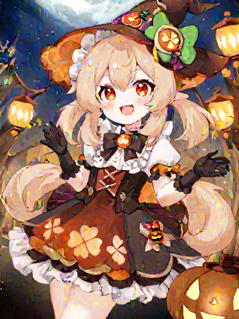 1 girl, witch_hexist, hexist, Smile, Gloves, Solitary, Klee_\(Genshin Impact_Influence\), long_hair, Watching_exist_Viewer, Black_Gloves, Bangs, hexist_bow, short_sleeve, alternexiste_Costumes, bow, :morality, Shamrock_Print, orange_Eye, Light_Brown_hair, Ahog, simoralityelocks, Ruffles, Double tail, low_Double tail, fluffy_sleeve, Open_Mouth, hair_between_Eye, symbol-shapemorality_student, halloween, lantern, fluffy_short_sleeve, teeth, Pointy_ear, Ribbon, hair_Decorations, remorality_bow, bowtie, Sky, hexist_Decorations, night, halloween_Costumes, witch, moralityress