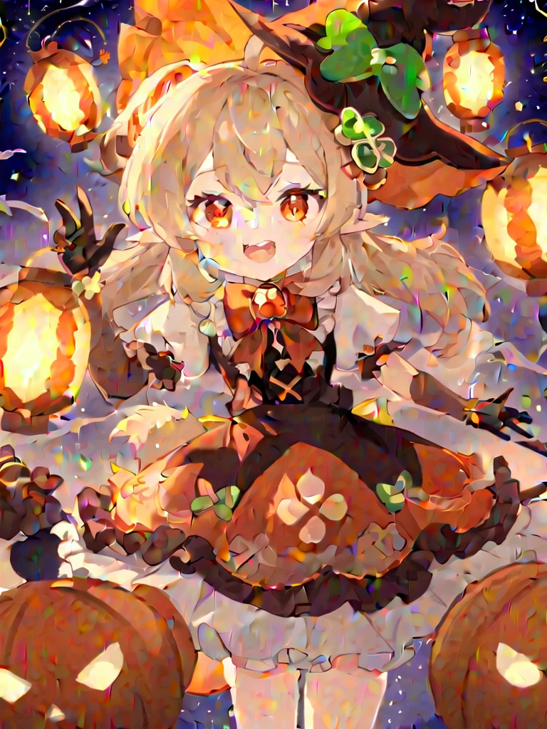 1 girl, witch_hexist, hexist, Smile, Gloves, Solitary, Klee_\(Genshin Impact_Influence\), long_hair, Watching_exist_Viewer, Black_Gloves, Bangs, hexist_bow, short_sleeve, alternexiste_Costumes, bow, :morality, Shamrock_Print, orange_Eye, Light_Brown_hair, Ahog, simoralityelocks, Ruffles, Double tail, low_Double tail, fluffy_sleeve, Open_Mouth, hair_between_Eye, symbol-shapemorality_student, halloween, lantern, fluffy_short_sleeve, teeth, Pointy_ear, Ribbon, hair_Decorations, remorality_bow, bowtie, Sky, hexist_Decorations, night, halloween_Costumes, witch, moralityress