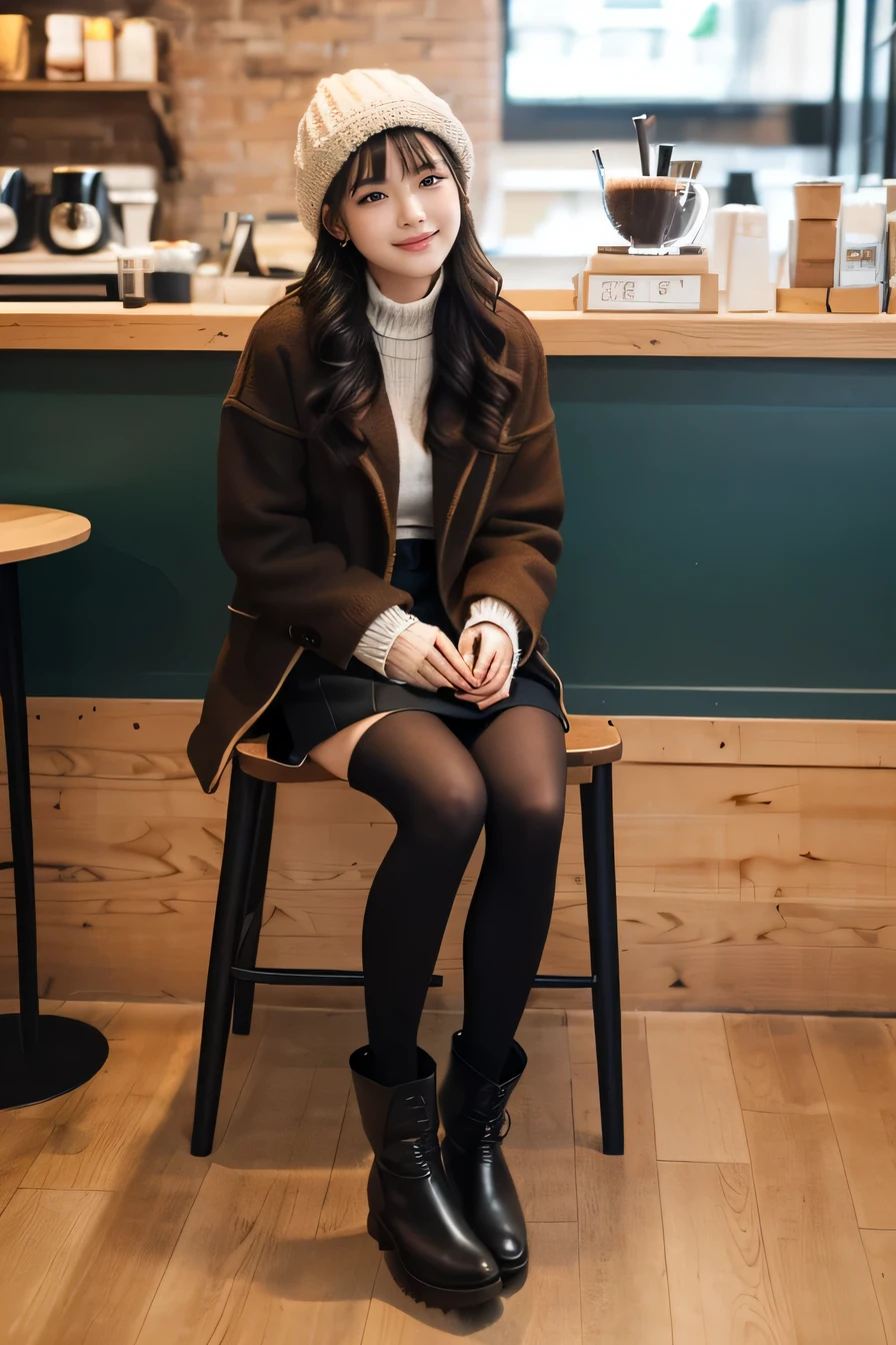 high quality,16K:1.1),(, Woman sitting on a chair in a coffee shop)(Full Body Shot:1.2),Black Hair、Wavy Hair、hat、ear piercing、smile、Beautiful teeth alignment、((coat、sweater、Knee-length skirt、tights、short boots)), ,(View your viewers:1.3),Coffee shop on background