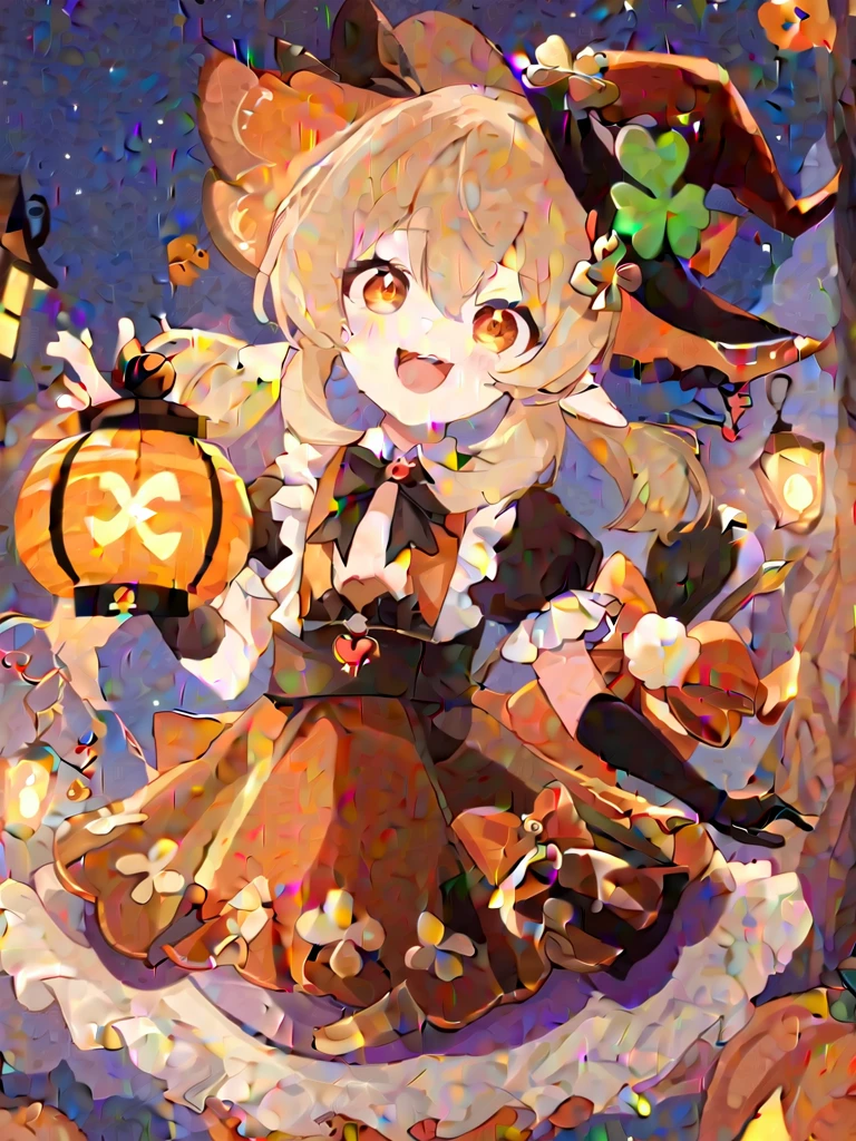 1 girl, witch_hexist, hexist, Smile, Gloves, Solitary, Klee_\(Genshin Impact_Influence\), long_hair, Watching_exist_Viewer, Black_Gloves, Bangs, hexist_bow, short_sleeve, alternexiste_Costumes, bow, :morality, Shamrock_Print, orange_Eye, Light_Brown_hair, Ahog, simoralityelocks, Ruffles, Double tail, low_Double tail, fluffy_sleeve, Open_Mouth, hair_between_Eye, symbol-shapemorality_student, halloween, lantern, fluffy_short_sleeve, teeth, Pointy_ear, Ribbon, hair_Decorations, remorality_bow, bowtie, Sky, hexist_Decorations, night, halloween_Costumes, witch, moralityress