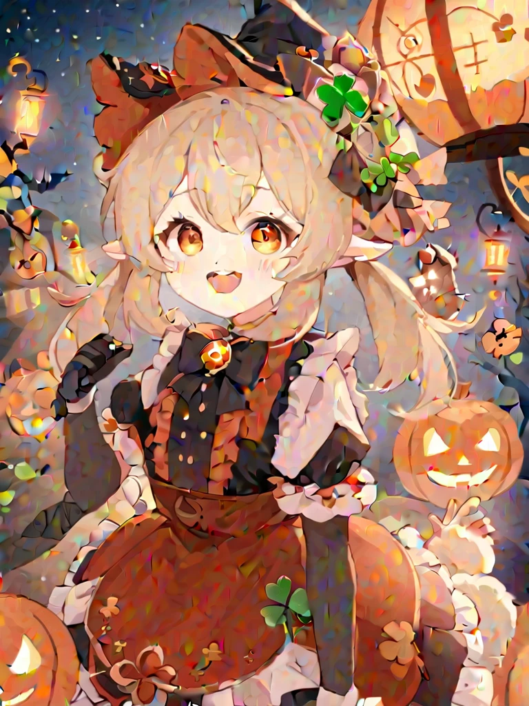 1 girl, witch_hexist, hexist, Smile, Gloves, Solitary, Klee_\(Genshin Impact_Influence\), long_hair, Watching_exist_Viewer, Black_Gloves, Bangs, hexist_bow, short_sleeve, alternexiste_Costumes, bow, :morality, Shamrock_Print, orange_Eye, Light_Brown_hair, Ahog, simoralityelocks, Ruffles, Double tail, low_Double tail, fluffy_sleeve, Open_Mouth, hair_between_Eye, symbol-shapemorality_student, halloween, lantern, fluffy_short_sleeve, teeth, Pointy_ear, Ribbon, hair_Decorations, remorality_bow, bowtie, Sky, hexist_Decorations, night, halloween_Costumes, witch, moralityress