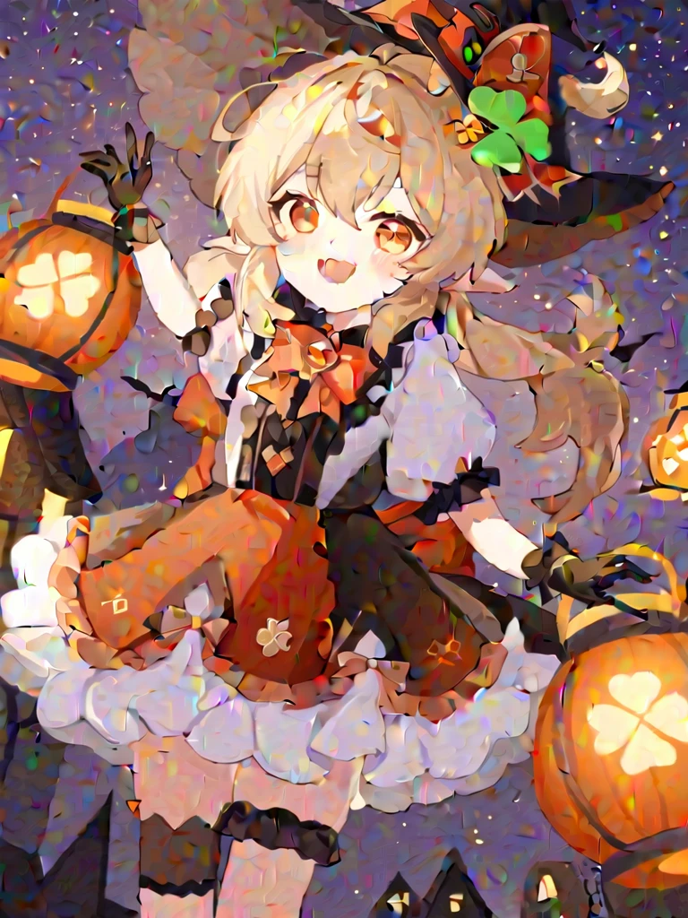 1 girl, witch_hexist, hexist, Smile, Gloves, Solitary, Klee_\(Genshin Impact_Influence\), long_hair, Watching_exist_Viewer, Black_Gloves, Bangs, hexist_bow, short_sleeve, alternexiste_Costumes, bow, :morality, Shamrock_Print, orange_Eye, Light_Brown_hair, Ahog, simoralityelocks, Ruffles, Double tail, low_Double tail, fluffy_sleeve, Open_Mouth, hair_between_Eye, symbol-shapemorality_student, halloween, lantern, fluffy_short_sleeve, teeth, Pointy_ear, Ribbon, hair_Decorations, remorality_bow, bowtie, Sky, hexist_Decorations, night, halloween_Costumes, witch, moralityress