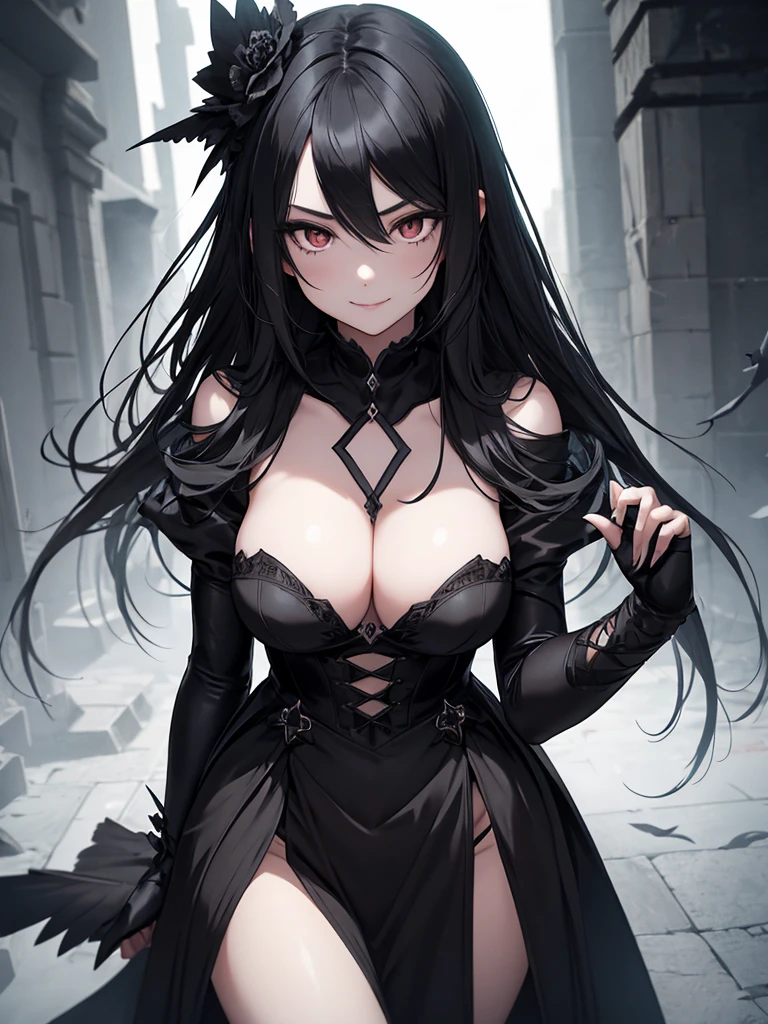 1 Girl, Mysterious look, Sharp Eye, long, flowing black hair, Gothic Costume, enigmatic smile, Pale complexion, Elegant Features BREAK Dramatic High Angle Shot, (Bird&#39;s Eye View:1.2), Symmetrical Configuration, Monochromatic, Deep Shadow, Subtle highlights, Spooky atmosphere, Artistic Details BREAK Ancient Cathedral, Stained Glass Windows, Decorative pillars, Flickering Candle, Ethereal atmosphere, Secret Whispers, Timeless beauty, Absurd, High resolution, Individuality, masterpiece