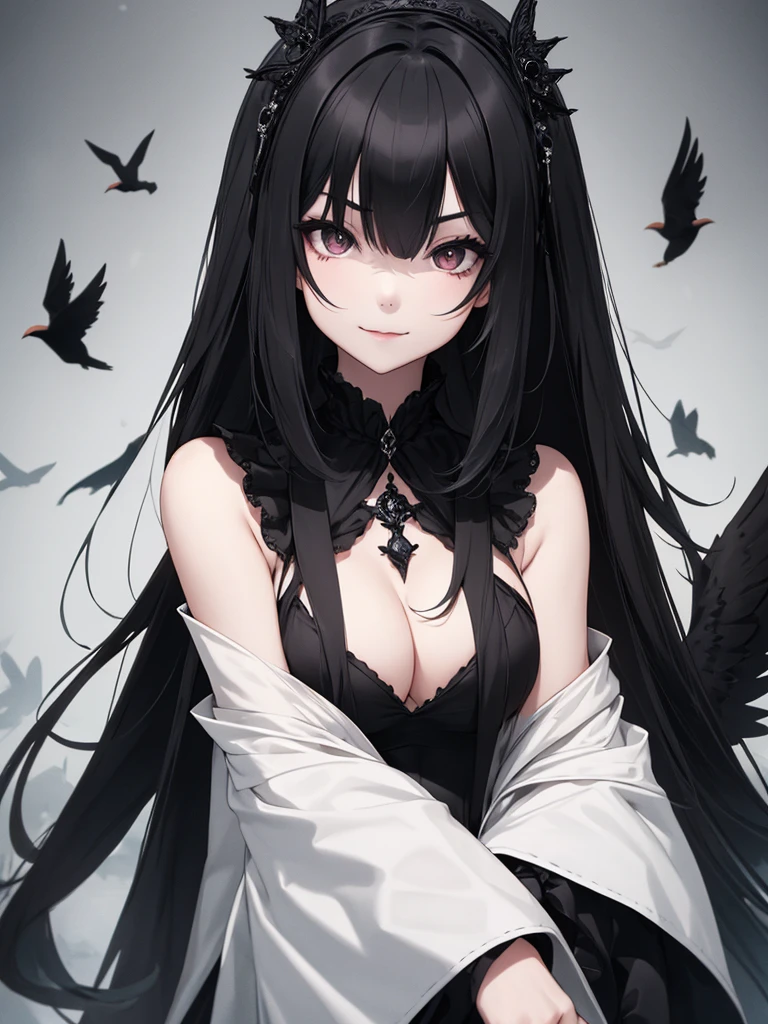 1 Girl, Mysterious look, Sharp Eye, long, flowing black hair, Gothic Costume, enigmatic smile, Pale complexion, Elegant Features BREAK Dramatic High Angle Shot, (Bird's Eye View:1.2), Symmetrical Configuration, Monochromatic, Deep Shadow, Subtle highlights, Spooky atmosphere, Artistic Details BREAK Ancient Cathedral, Stained Glass Windows, Decorative pillars, Flickering Candle, Ethereal atmosphere, Secret Whispers, Timeless beauty, Absurd, High resolution, Individuality, masterpiece