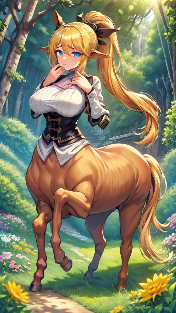 Anime centaur.1 girl. Cutie. Centaur girl. Half-human. Monster girl. Centaur. The girl is a horse. Blonde. Long hair. Hair ornament. Her hair is pulled back into a high ponytail. Blue eyes. Beautiful eyes. Perfect eyes. Expressive eyes. Ideal face. Face about to sneeze
Sneezing face. Beautiful nose. Snotty nose. After sneezing, long snot hangs from the nose.  years. Big breasts. Beautiful breasts. Girl knight. Centaur knight. She is ill. She got sick. She has allergies. She has a runny nose. Nasal mucus. She has snot. She wants to sneeze. She needs to sneeze. She has a strong, desperate urge to sneeze. She sneezes. She sneezes. Splashes of snot fly to the sides. Snot flows from the nose. She's on her period. Her crotch is bleeding. She has urinary incontinence. She wants to pee. She needs to pee.
She has a strong, desperate urge to pee. Hand on the aroma. Creaco squeezes his crotch. Trettperineum. She described. Urine pours onto the ground. In the middle of the forest. Ideal anatomical body. The lower part of the body is equine. Horse slender legs. Hooves instead of legs. White linen blouse. Light plate armor - corset. Skirt. No panties. Standing. Full height. Beautiful character design. Shiny skin. Whole body. NFS. Official art. Extremely detailed CG Unity 8k wallpaper. Ideal lighting. Ultra high resolution 4K. Super detailed 8K. A high resolution.