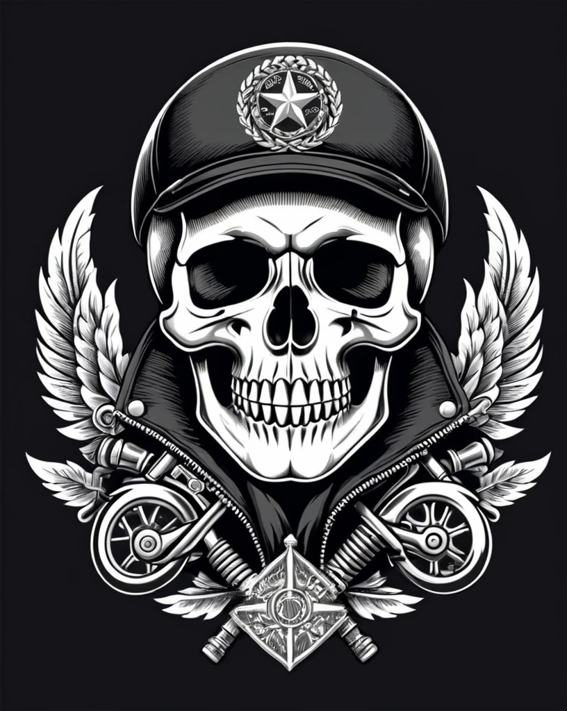 Classic biker embroidery vector for coat. , t shirt design, monochrome color , vector, ((black backdrop)) . awardwinning, proffesional, highy detailed