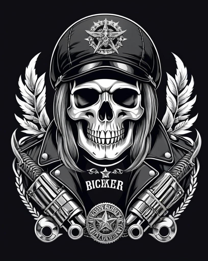 "Design an intricate tattoocore t-shirt logo with a bold, vintage, and rugged look. At the centre, place a detailed skull, featuring a biker's helmet with metallic rivets and aviator-style goggles that reflect subtle hints of light. The skull's jawline is obscured by a tattered bandana, adorned with a small, intricate paisley pattern, giving it a rebellious, outlaw aesthetic. 

Behind the skull, position two tattoo machines diagonally crossed, resembling crossbones. Each tattoo machine should be rendered with meticulous detail, showcasing the coils, needles, and frames, emphasizing the craftsmanship.

Above the skull, add a slightly curved, weathered banner with frayed edges that reads 'BORN' in bold, capital letters, distressed to appear worn and rugged. Below the skull, mirror this with another banner, slightly curved upward, displaying the word '1975' in the same style. 

The overall composition should have a grunge texture, with cracked lines, faded areas, and uneven inking to convey a sense of age and wear. The design should feel like a classic biker emblem, with a hand-drawn, vintage tattoo art style, and subtle shadowing to add depth, making it stand out with a timeless, rebellious attitude."