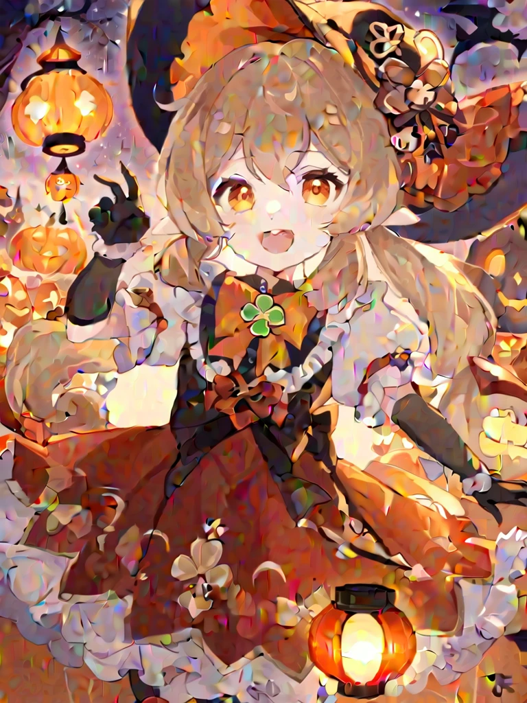 1 girl, witch_hexist, hexist, Smile, Gloves, Solitary, Klee_\(Genshin Impact_Influence\), long_hair, Watching_exist_Viewer, Black_Gloves, Bangs, hexist_bow, short_sleeve, alternexiste_Costumes, bow, :morality, Shamrock_Print, orange_Eye, Light_Brown_hair, Ahog, simoralityelocks, Ruffles, Double tail, low_Double tail, fluffy_sleeve, Open_Mouth, hair_between_Eye, symbol-shapemorality_student, halloween, lantern, fluffy_short_sleeve, teeth, Pointy_ear, Ribbon, hair_Decorations, remorality_bow, bowtie, Sky, hexist_Decorations, night, halloween_Costumes, witch, moralityress