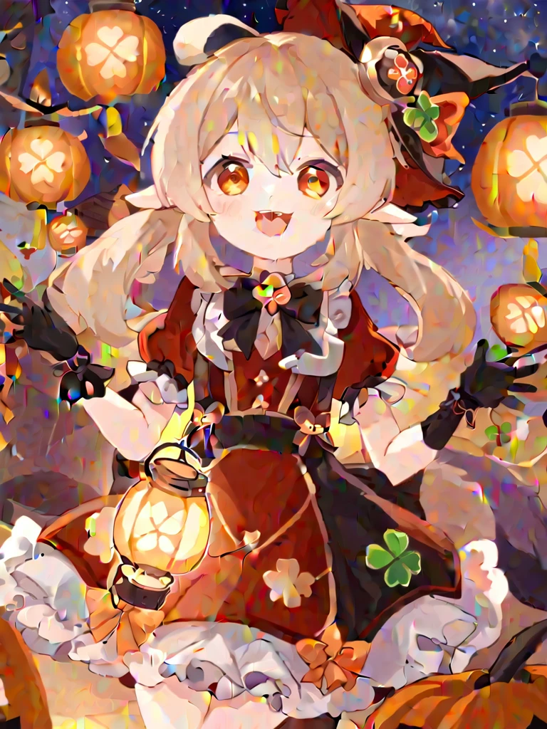 1 girl, witch_hexist, hexist, Smile, Gloves, Solitary, Klee_\(Genshin Impact_Influence\), long_hair, Watching_exist_Viewer, Black_Gloves, Bangs, hexist_bow, short_sleeve, alternexiste_Costumes, bow, :morality, Shamrock_Print, orange_Eye, Light_Brown_hair, Ahog, simoralityelocks, Ruffles, Double tail, low_Double tail, fluffy_sleeve, Open_Mouth, hair_between_Eye, symbol-shapemorality_student, halloween, lantern, fluffy_short_sleeve, teeth, Pointy_ear, Ribbon, hair_Decorations, remorality_bow, bowtie, Sky, hexist_Decorations, night, halloween_Costumes, witch, moralityress