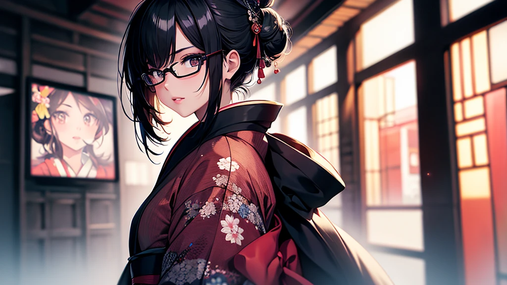 (1girl:1.3), Masterpiece, Best quality, amazing beauty, [[3D]], 4K, absurdres, finely detail, super detailed eye, perfect anatomy, official art, cinematic lighting, BREAK, Japanese-style room, hair bun, black hair, super shiny detailed black eye, big eyes, sparkle(in the eyes), thin eyebrow, Gazing into the Distance, close-mouth, plump lips, Mascara, False eyelashes, pink lips, eyewear, happy face, BREAK , usually, tall, slender, fair skin, crossed arms, full body, from side, BREAK , , BREAK,(kimono:1.3)