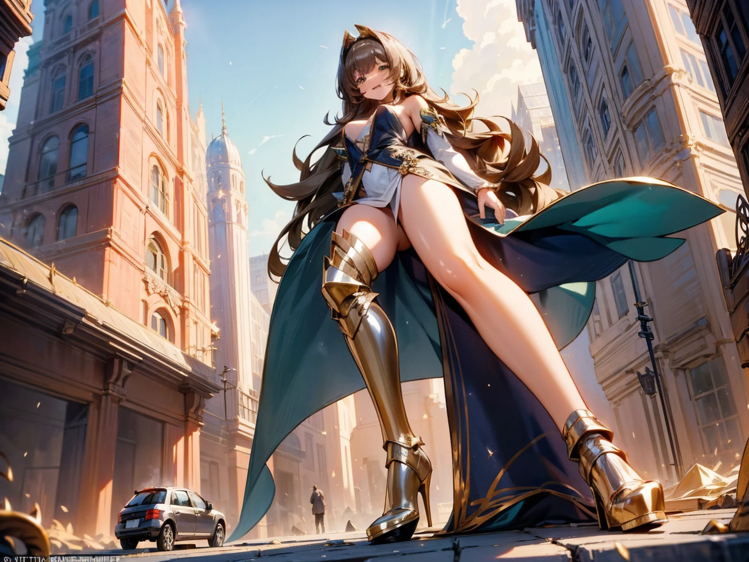 A glamorous giantess in a sparkling silver dress, with long brown hair and green eyes, strides through a bustling medieval city. Her towering form crushes homes and market stalls beneath her stiletto heels, each step causing the earth to tremble. She glances down at the tiny villagers, a cruel smile playing on her lips as her sultry voice echoes, taunting them about their helplessness. Her curvy body glistens in the sunlight, every movement exuding dominance and raw sensuality. Giantess, Goddess, sexy legs, heels, hot, curvy body, mommy issues, small town, small people, tiny people, macrophilia, perspective from below, high quality, almost naked, mature woman, seductive.

