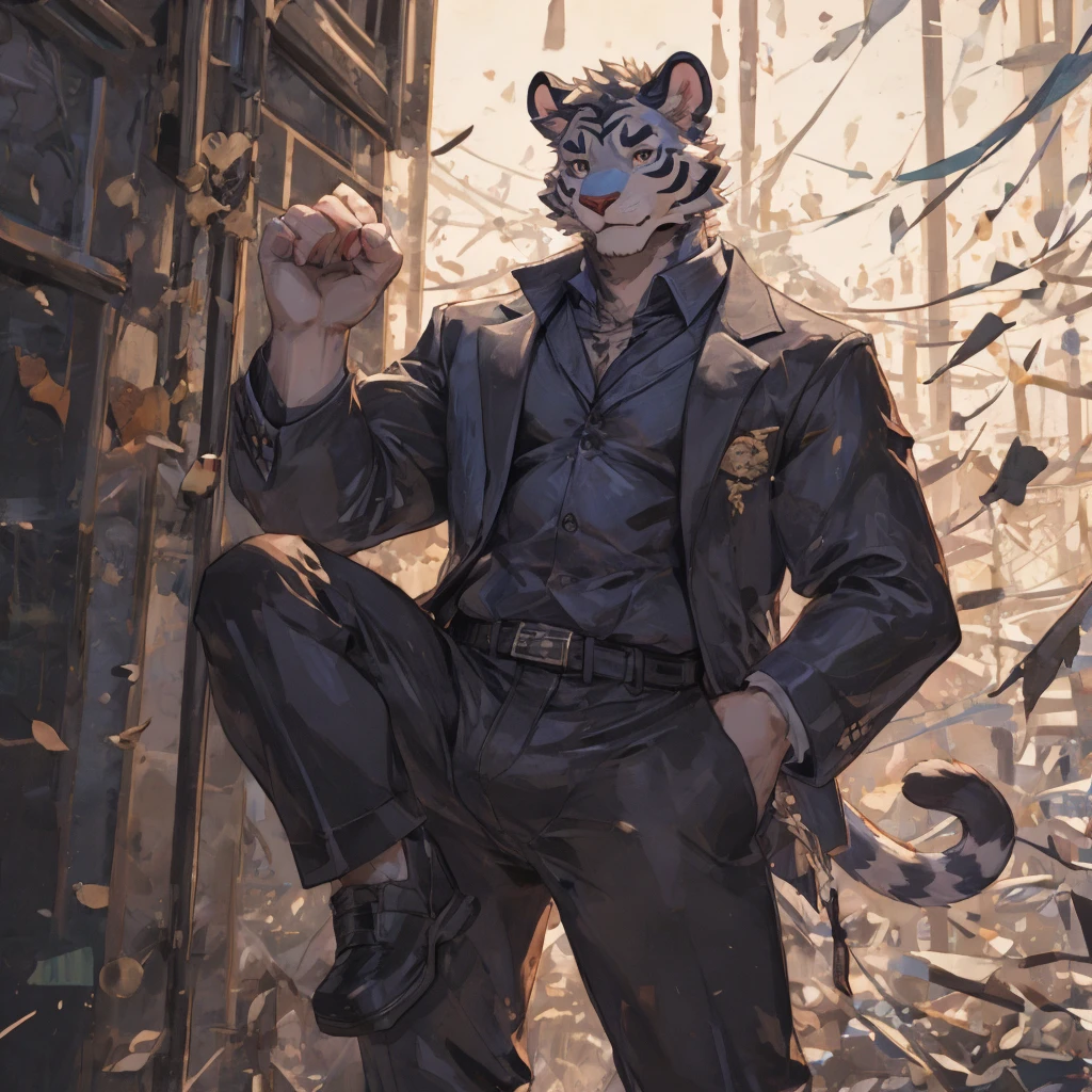 {{bara extremely handsome white tiger,}} {{white fur,}} white, wearing elegant ornate suit jacket, trousers, white dress shirt and necktie, white fluffy furry body and limbs, loafers, very tall, very broad shoulders, narrow waist, muscular arms, massive pecs, purple eyes, very long legs, massive bulge, sophisticated hot look, 3/4 view, best quality, high detail, CG image, character splash art, silver earring on left ear, sultry smirk