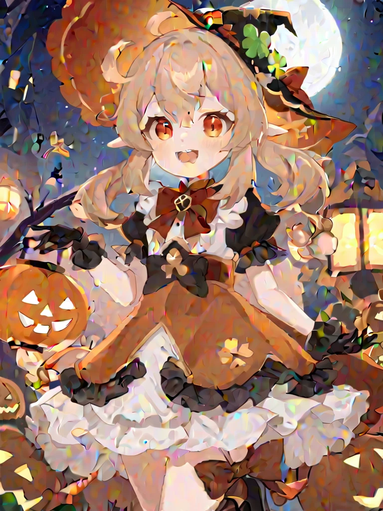 1 girl, witch_hexist, hexist, Smile, Gloves, Solitary, Klee_\(Genshin Impact_Influence\), long_hair, Watching_exist_Viewer, Black_Gloves, Bangs, hexist_bow, short_sleeve, alternexiste_Costumes, bow, :morality, Shamrock_Print, orange_Eye, Light_Brown_hair, Ahog, simoralityelocks, Ruffles, Double tail, low_Double tail, fluffy_sleeve, Open_Mouth, hair_between_Eye, symbol-shapemorality_student, halloween, lantern, fluffy_short_sleeve, teeth, Pointy_ear, Ribbon, hair_Decorations, remorality_bow, bowtie, Sky, hexist_Decorations, night, halloween_Costumes, witch, moralityress