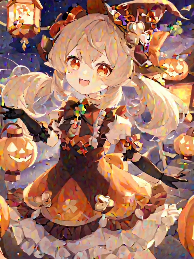 1 girl, witch_hexist, hexist, Smile, Gloves, Solitary, Klee_\(Genshin Impact_Influence\), long_hair, Watching_exist_Viewer, Black_Gloves, Bangs, hexist_bow, short_sleeve, alternexiste_Costumes, bow, :morality, Shamrock_Print, orange_Eye, Light_Brown_hair, Ahog, simoralityelocks, Ruffles, Double tail, low_Double tail, fluffy_sleeve, Open_Mouth, hair_between_Eye, symbol-shapemorality_student, halloween, lantern, fluffy_short_sleeve, teeth, Pointy_ear, Ribbon, hair_Decorations, remorality_bow, bowtie, Sky, hexist_Decorations, night, halloween_Costumes, witch, moralityress