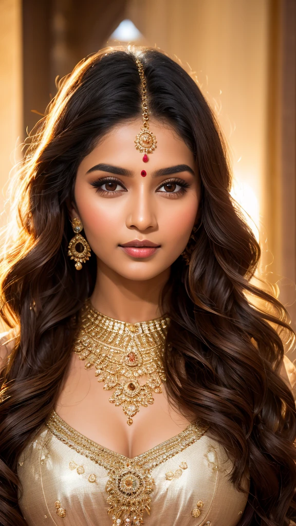 modern Indian woman on the move. The young Indian woman herself is an embodiment of grace and resilience. She exudes a quiet confidence, her eyes reflecting a depth of wisdom beyond her years. Her skin, bathed in the warm glow of sunlight, big breasts, boasts a rich olive complexion that radiates a natural beauty. Her almond-shaped eyes, adorned with a hint of kohl, are like windows to her soul, expressing both curiosity and determination. Her hair, cascading in loose waves, is like a fiery waterfall of mahogany, catching the light and creating a mesmerizing play of shadows and highlights. It frames her face delicately, drawing attention to her high cheekbones and the subtle curve of her lips, which hold a hint of a smile.