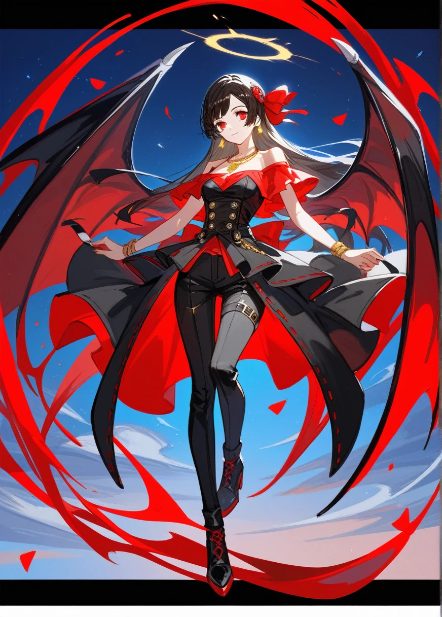(Fraction_9,Fraction_8_Direction_7_up),1 Woman,（Sexy），Half Body，，Flattering，坏笑身着Sexy燕尾服,vampire，Gold necklace，Gold earrings，There is a woman wearing a red shirt and black pants, Inspired by Huang Ji, Fashion Design, Black and red silk dress, Inspiration from the ages, Ruffled Clothing, Gorgeous crimson finery, Only available in black and red!!!, picture, Inspired by Xie Huan, Inspired by Yuan Jiang, Full body fairy, Red and black clothing!!!Red Eye，Broken bat wings， Illustration by Shigenori Soejima, Persona 5 art style wlop, Official artwork with high detail, Very detailed and beautiful fan art, guilty gear art style,