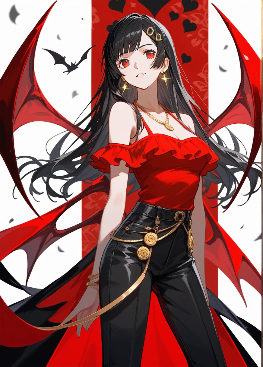 (Fraction_9,Fraction_8_Direction_7_up),1 Woman,(Sexy),Half Body,,Flattering,坏笑身着Sexy燕尾服,vampire,Gold necklace,Gold earrings,There is a woman wearing a red shirt and black pants, Inspired by Huang Ji, Fashion Design, Black and red silk dress, Inspiration from the ages, Ruffled Clothing, Gorgeous crimson finery, Only available in black and red!!!, picture, Inspired by Xie Huan, Inspired by Yuan Jiang, Full body fairy, Red and black clothing!!!Red Eye,Broken bat wings, Illustration by Shigenori Soejima, Persona 5 art style wlop, Official artwork with high detail, Very detailed and beautiful fan art, guilty gear art style,
