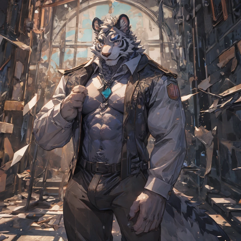 {{bara extremely handsome white tiger,}} {{white fur,}} white, wearing elegant ornate suit jacket, trousers, white dress shirt and necktie, white fluffy furry body and limbs, loafers, very tall, very broad shoulders, narrow waist, muscular arms, massive pecs, purple eyes, very long legs, massive bulge, sophisticated hot look, 3/4 view, best quality, high detail, CG image, character splash art, silver earring on left ear, sultry smirk