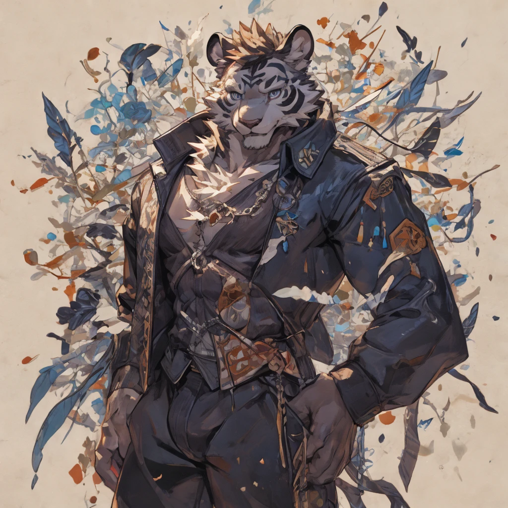 {{bara extremely handsome white tiger,}} {{white fur,}} white, wearing elegant ornate suit jacket, trousers, white dress shirt and necktie, white fluffy furry body and limbs, loafers, very tall, very broad shoulders, narrow waist, muscular arms, massive pecs, purple eyes, very long legs, massive bulge, sophisticated hot look, 3/4 view, best quality, high detail, CG image, character splash art, silver earring on left ear, sultry smirk