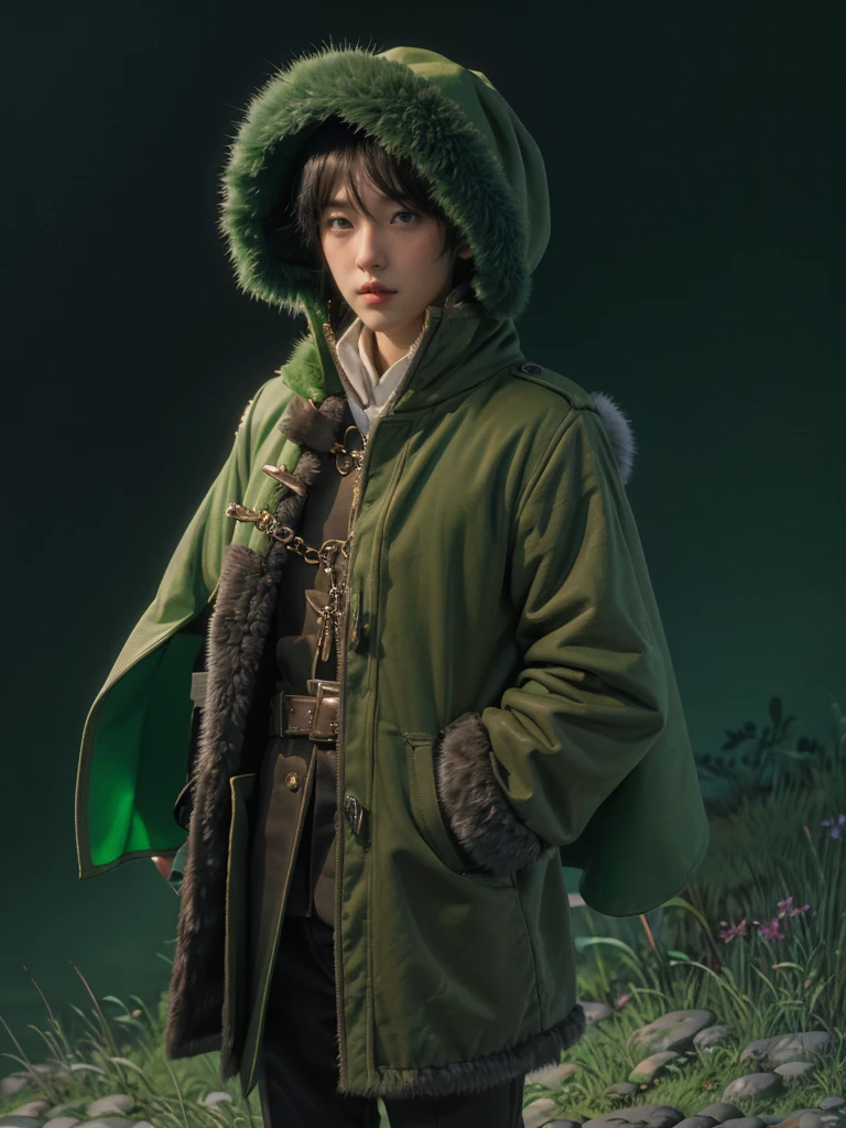 yuichiro hyakuya, (WithoutFear:1), 1 boy, black hair, green eyes, brown coat, gray armor, green shield, green cloak, dark brown gloves, town, fur trim, anime, standing, good quality, portrait, looking at viewer