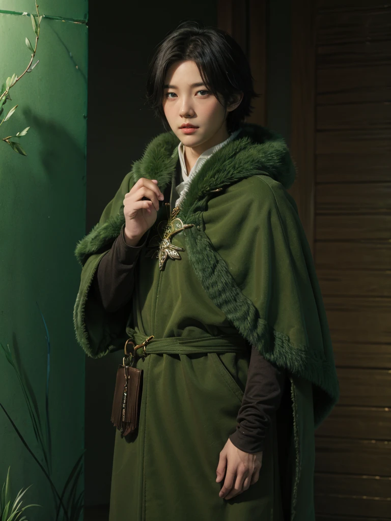 yuichiro hyakuya, (WithoutFear:1), 1 boy, black hair, green eyes, brown coat, gray armor, green shield, green cloak, dark brown gloves, town, fur trim, anime, standing, good quality, portrait, looking at viewer