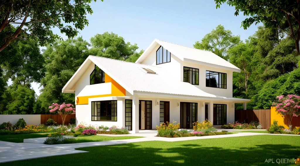 Exterior landscape of modern one-story roadside house, orange tile roof, white and cream yellow walls, glass windows and doors, glass railings, simple but elegant interior, surrounded by flowers and greenery, Blending with nature, fresh air, natural light, surreal, high-end. -end. -quality images. Realistic images, 8K
