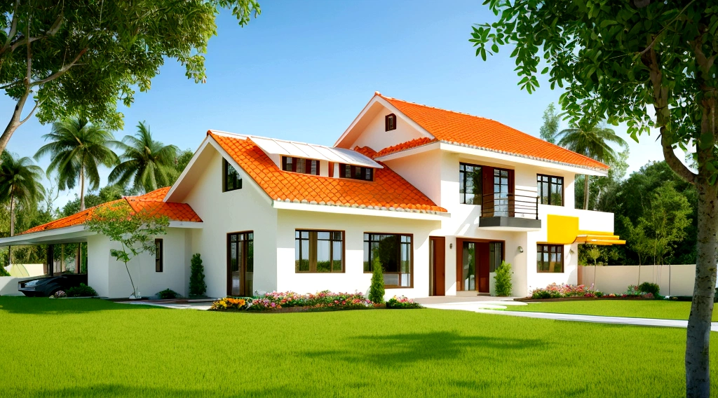 Exterior landscape of modern one-story roadside house, orange tile roof, white and cream yellow walls, glass windows and doors, glass railings, simple but elegant interior, surrounded by flowers and greenery, Blending with nature, fresh air, natural light, surreal, high-end. -end. -quality images. Realistic images, 8K
