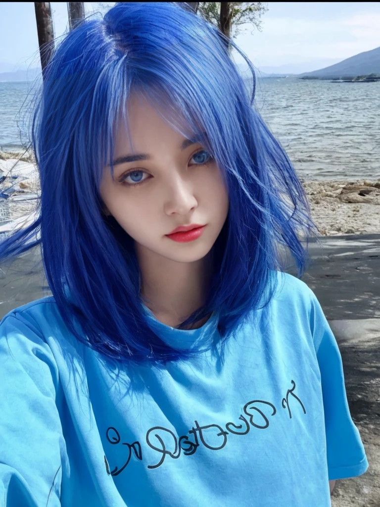 8K high quality,1 woman,Blue Hair:1.5,Look at the camera