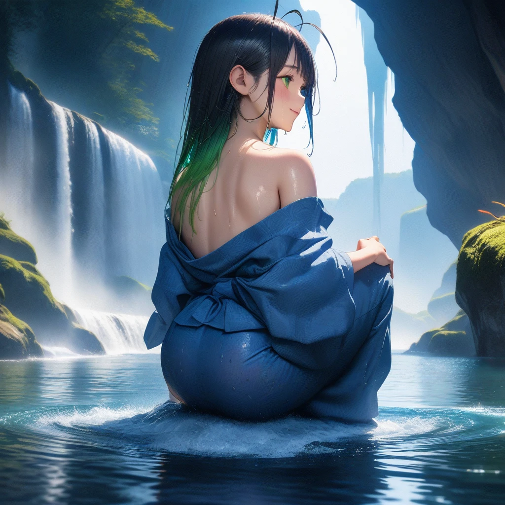 (masterpiece, photo_real, official art, octane-render):1.4, (background the Falls of Nabegataki, Aso, Kumamoto, Japan, blue theme):1.21, (detailed line art, watercolor painting, aesthetic art, light tone):1.3, 
(1 cherubic face girl), magnificent view, whole surface waterfall, dynamism, power, (water reflection:1.1), waterfall (splash:1.3), (ripple:0.95), fantastic, gentle breeze, 1 girl, Back view of girl Squat and wash her face on Center of waterfall, from back, smile, (in blue yukata), bare foot, ((perfect foot)), playful, (((girl in waterfall))), ((wet hair)), (detailed green eyes, jet-black hair,colored inner green ombre hair multicolored hair,antenna hair):1.21, nape, (subjective perspective), dense and delicate clothes,  ethereal lighting,dim lighting),