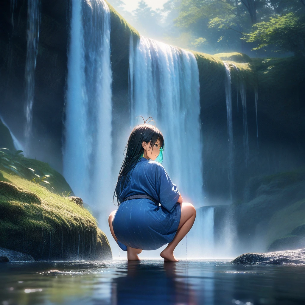 (masterpiece, photo_real, official art, octane-render):1.4, (background the Falls of Nabegataki, Aso, Kumamoto, Japan, blue theme):1.21, (detailed line art, watercolor painting, aesthetic art, light tone):1.3,
(1 cherubic face girl), magnificent view, whole surface waterfall, dynamism, power, (water reflection:1.1), waterfall (splash:1.3), (ripple:0.95), fantastic, gentle breeze, 1 girl, Back view of girl Squat and wash her face on Center of waterfall, from back, smile, (in blue yukata), bare foot, ((perfect foot)), playful, (((girl in waterfall))), ((wet hair)), (detailed green eyes, jet-black hair,colored inner green ombre hair multicolored hair,antenna hair):1.21, nape, (subjective perspective), dense and delicate clothes, ethereal lighting,dim lighting),