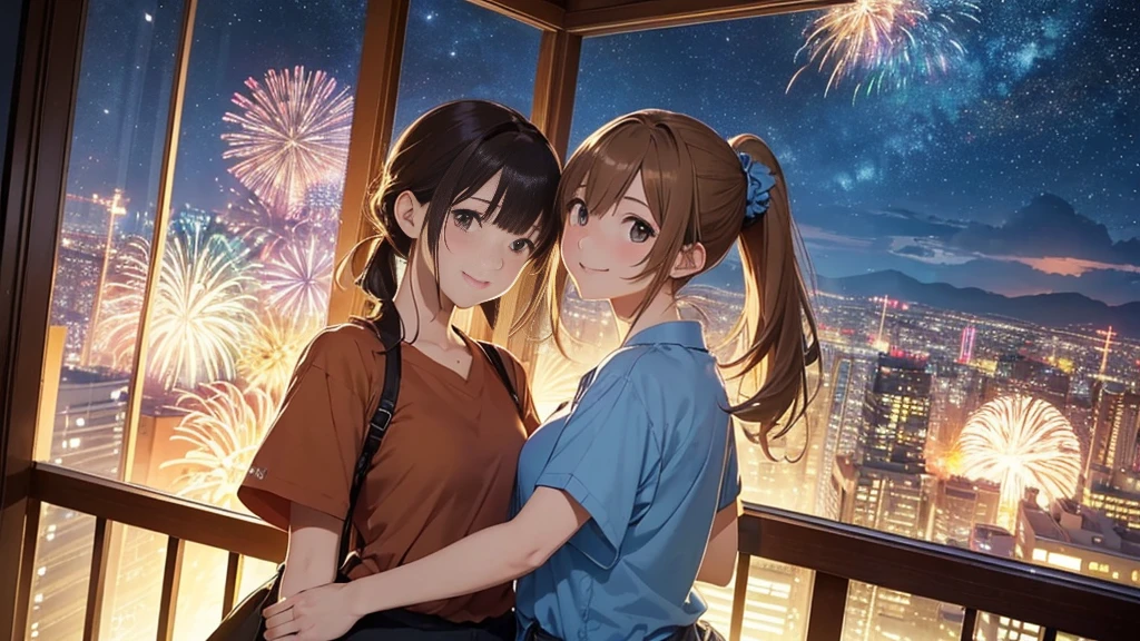 (Very detailed,High resolution,masterpiece:1.2）Japanese、From inside a high-rise apartment、Night view, Starry Sky、milky way、Light brown hair. Big fireworks、No sleeve、Short sleeve tops、(Highest quality:1.2), 20～40-year-old woman、Small breasts、Very detailedな, High resolution, masterpiece:1,2, Vivid and colorful,, Professional Lighting, Physically Based Rendering, Flat Color:0.8, Detailed illustrations, realism:1.37, Makoto Shinkai style, Your name style, Light brown hair, Elegant update,ponytail, Bun Hair。, Laugh together,  Selfie, Full body older sister、。I love you 、、The whole body is visible、Anime Drawings、。The whole body is visible、stand alone。